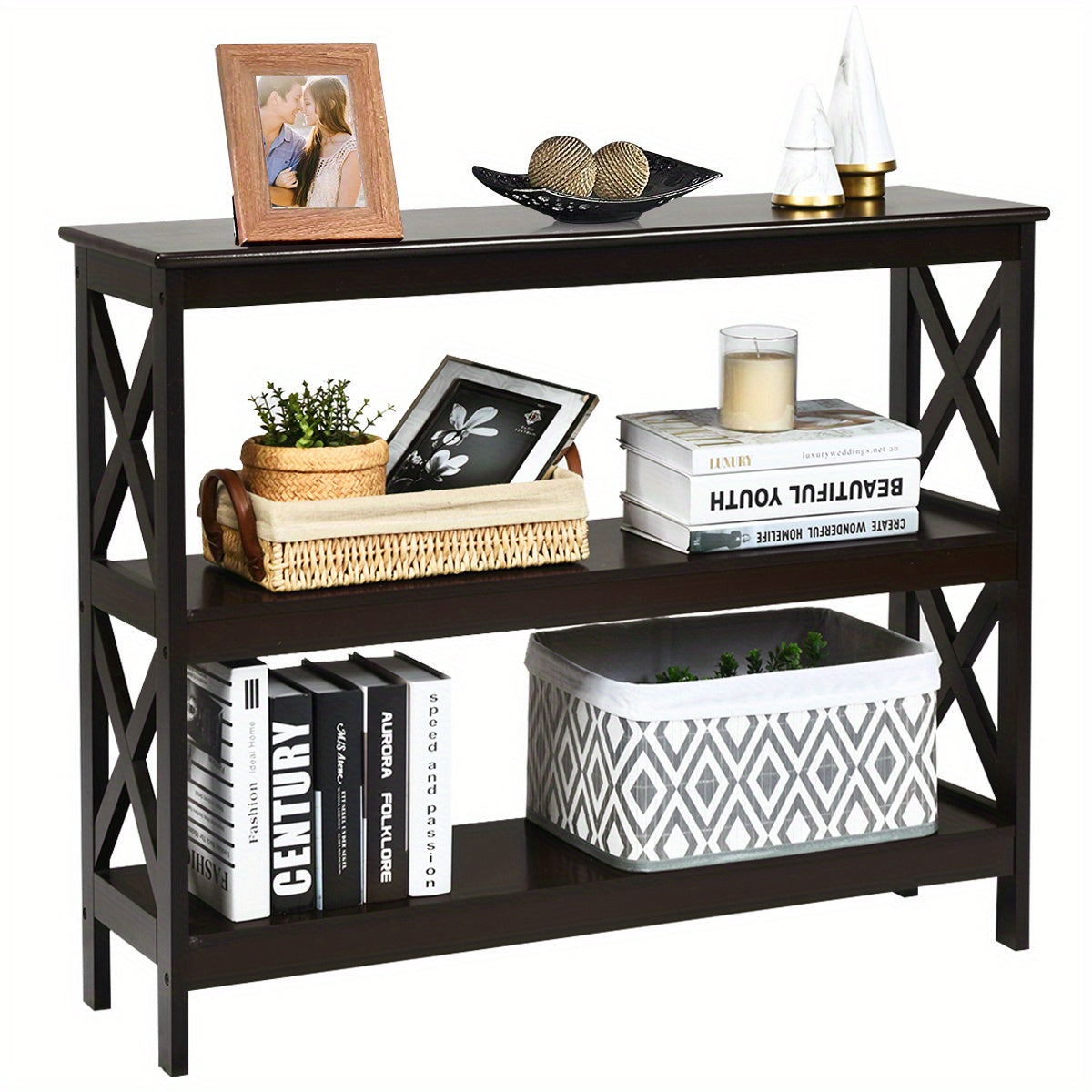 3-Tier Console Table X-Design Bookshelf Sofa Side Accent Table w/Shelf Espresso