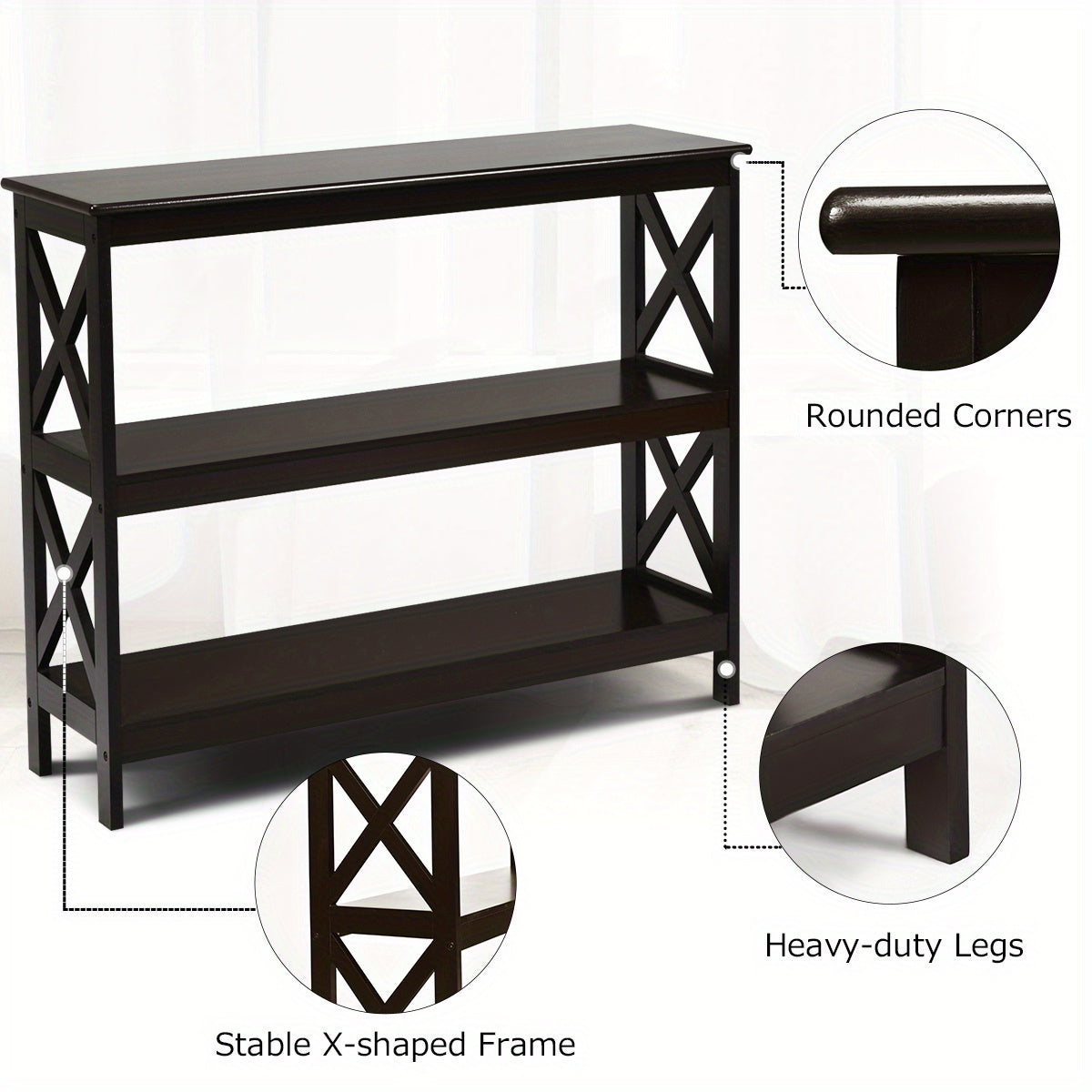 3-Tier Console Table X-Design Bookshelf Sofa Side Accent Table w/Shelf Espresso