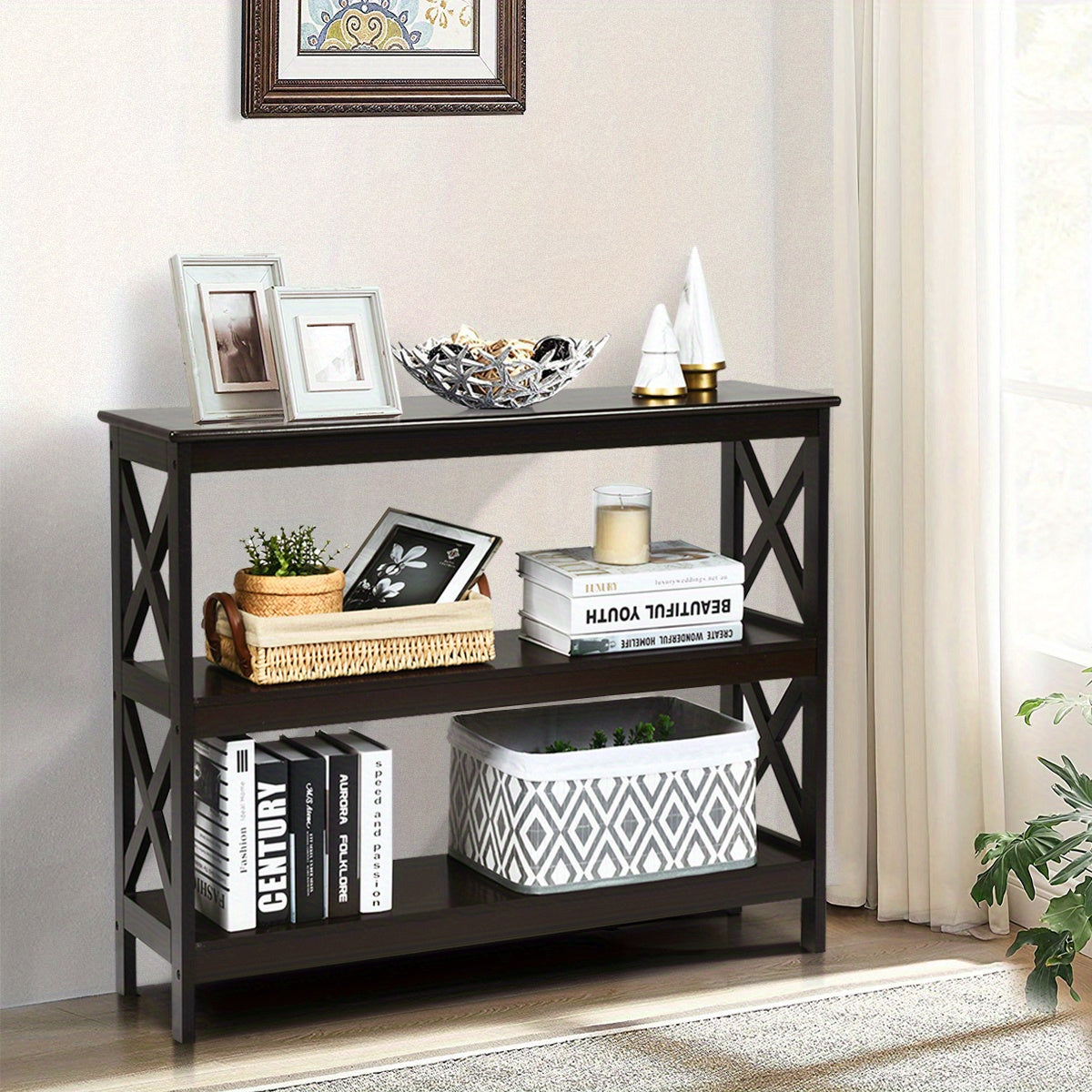 3-Tier Console Table X-Design Bookshelf Sofa Side Accent Table w/Shelf Espresso