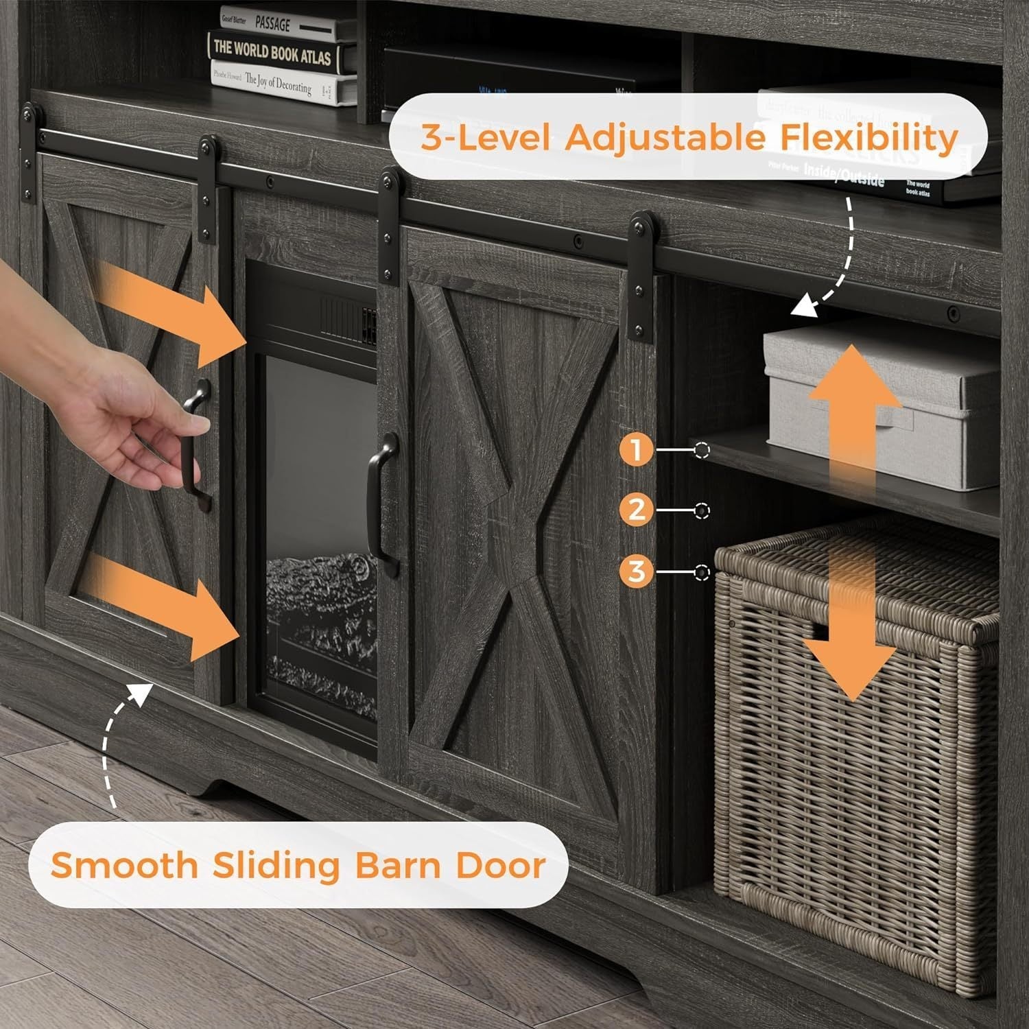 Farmhouse Fireplace TV Stand for 65+ Inch TV, Entertainment Center Modern Rustic TV Console with Sliding Bar Door for Living Room