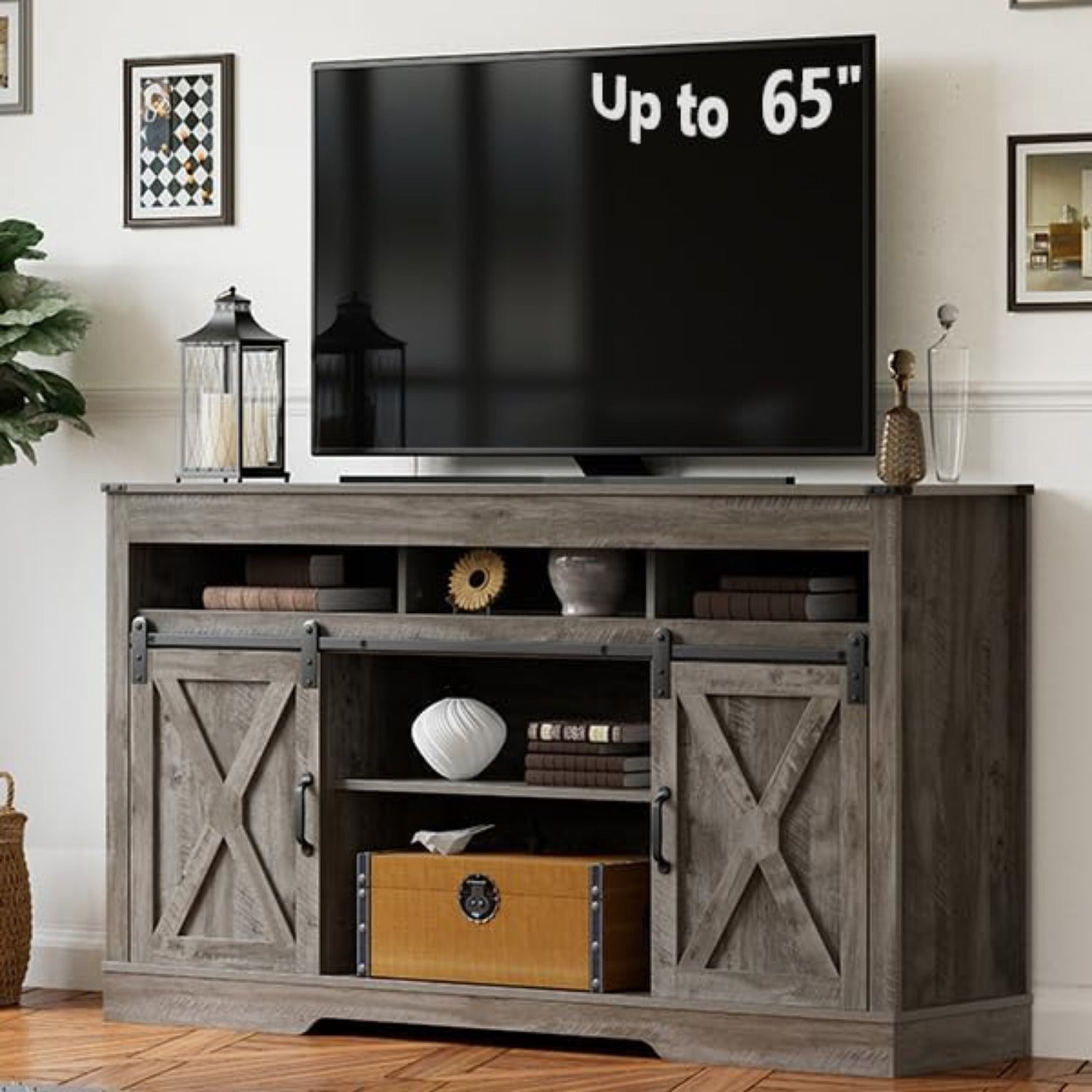 Farmhouse Fireplace TV Stand for 65+ Inch TV, Entertainment Center Modern Rustic TV Console with Sliding Bar Door for Living Room