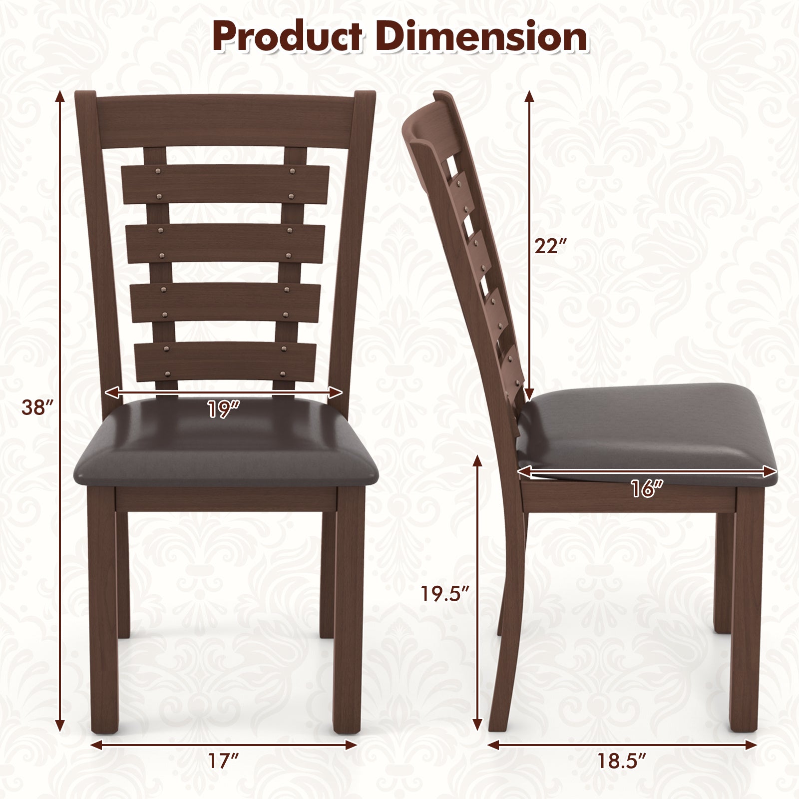 Wooden Dining Chairs Set of 2 with Upholstered Seat & Rubber High Back Brown