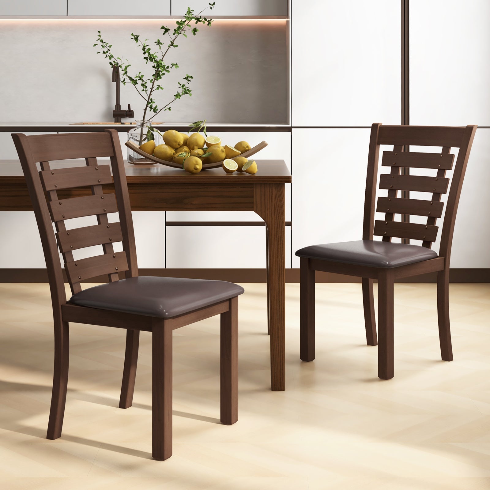 Wooden Dining Chairs Set of 2 with Upholstered Seat & Rubber High Back Brown