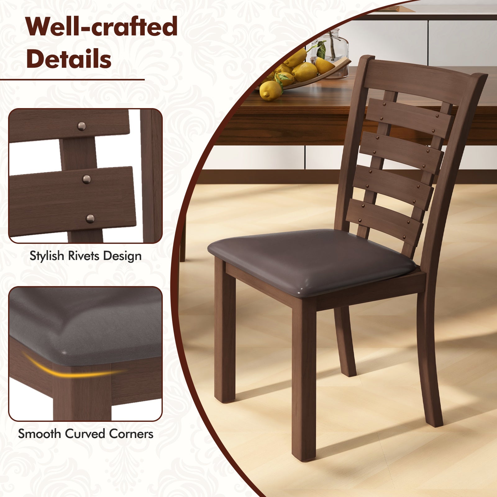 Wooden Dining Chairs Set of 2 with Upholstered Seat & Rubber High Back Brown