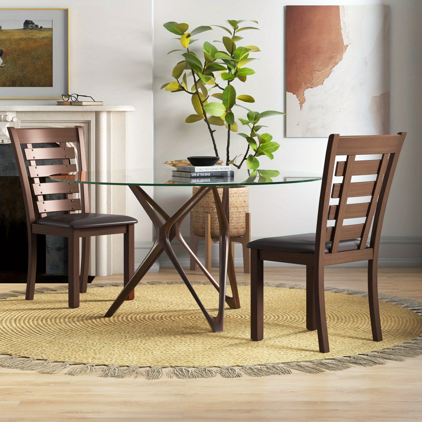 Wooden Dining Chairs Set of 2 with Upholstered Seat & Rubber High Back Brown