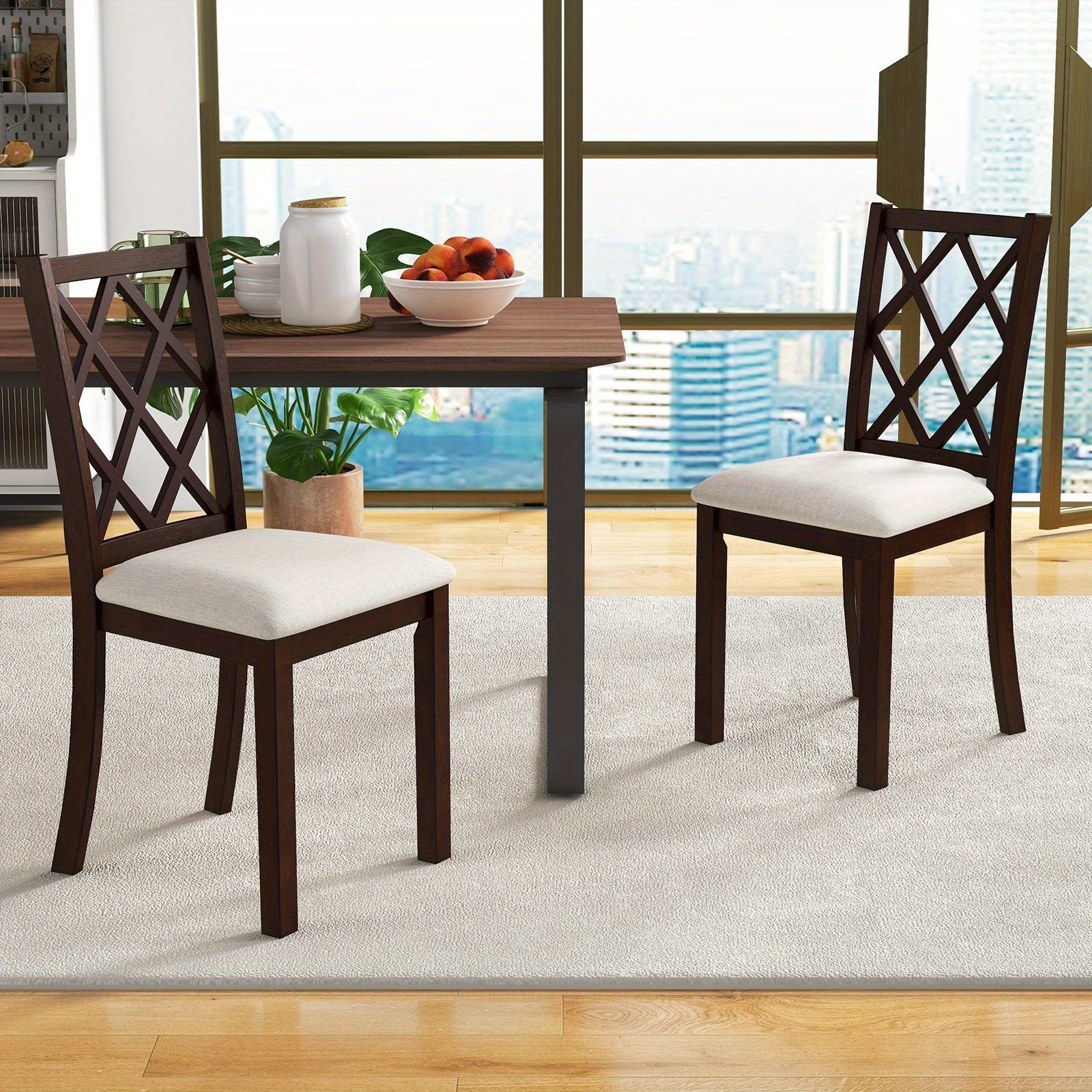 Set of 2 Dining Chairs Wood Kitchen Side Chair w/ Inclined Backrest Cherry Brown