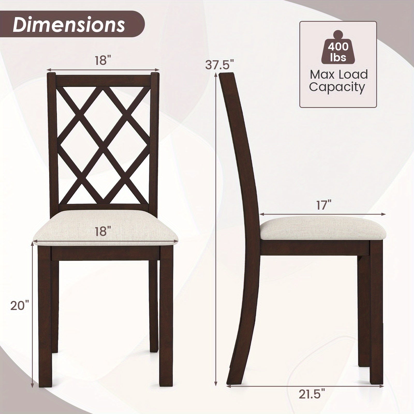 Set of 2 Dining Chairs Wood Kitchen Side Chair w/ Inclined Backrest Cherry Brown