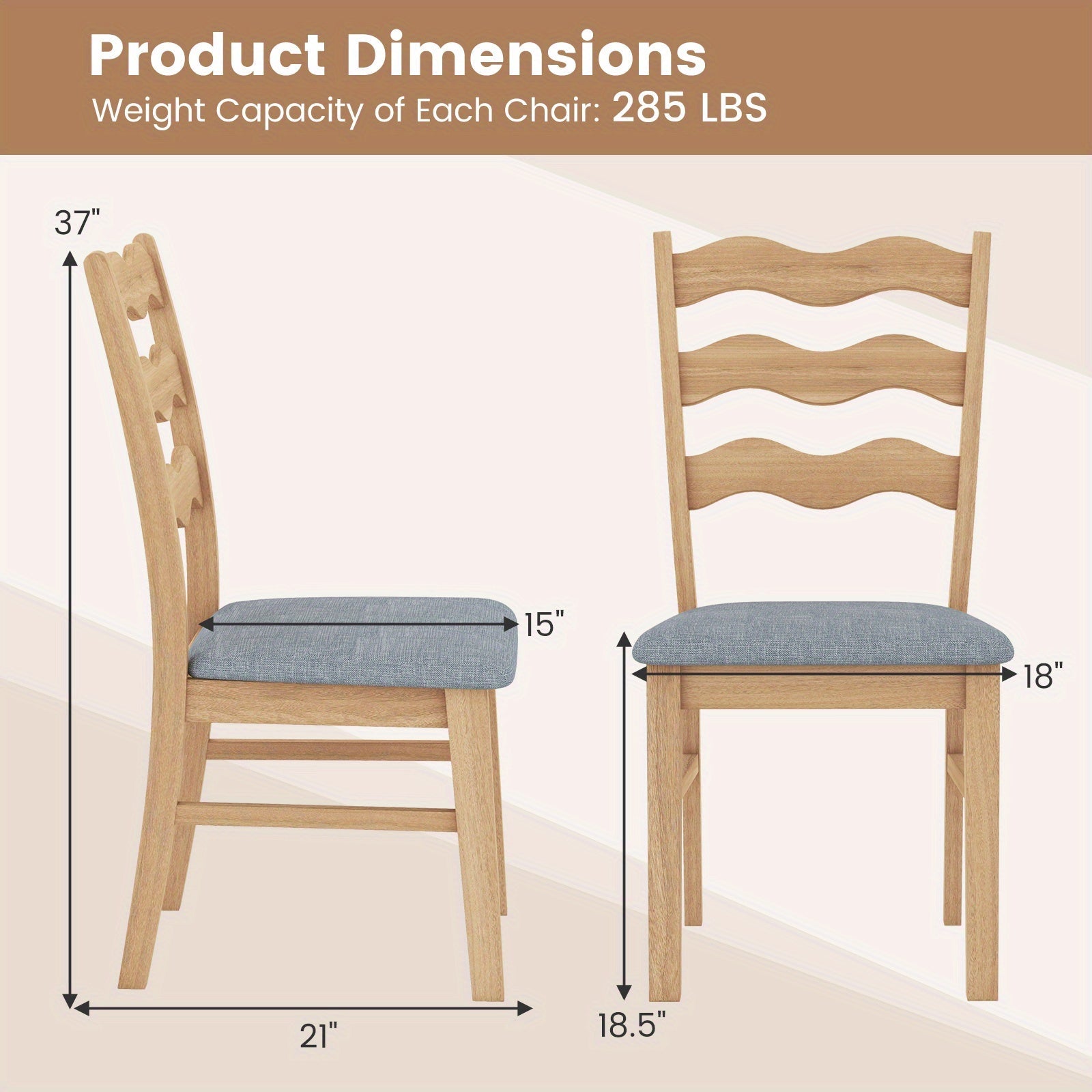 Dining Chair Set of 2 w/ Padded Seat Hollowed Wave Backrest Rubber Wood Frame