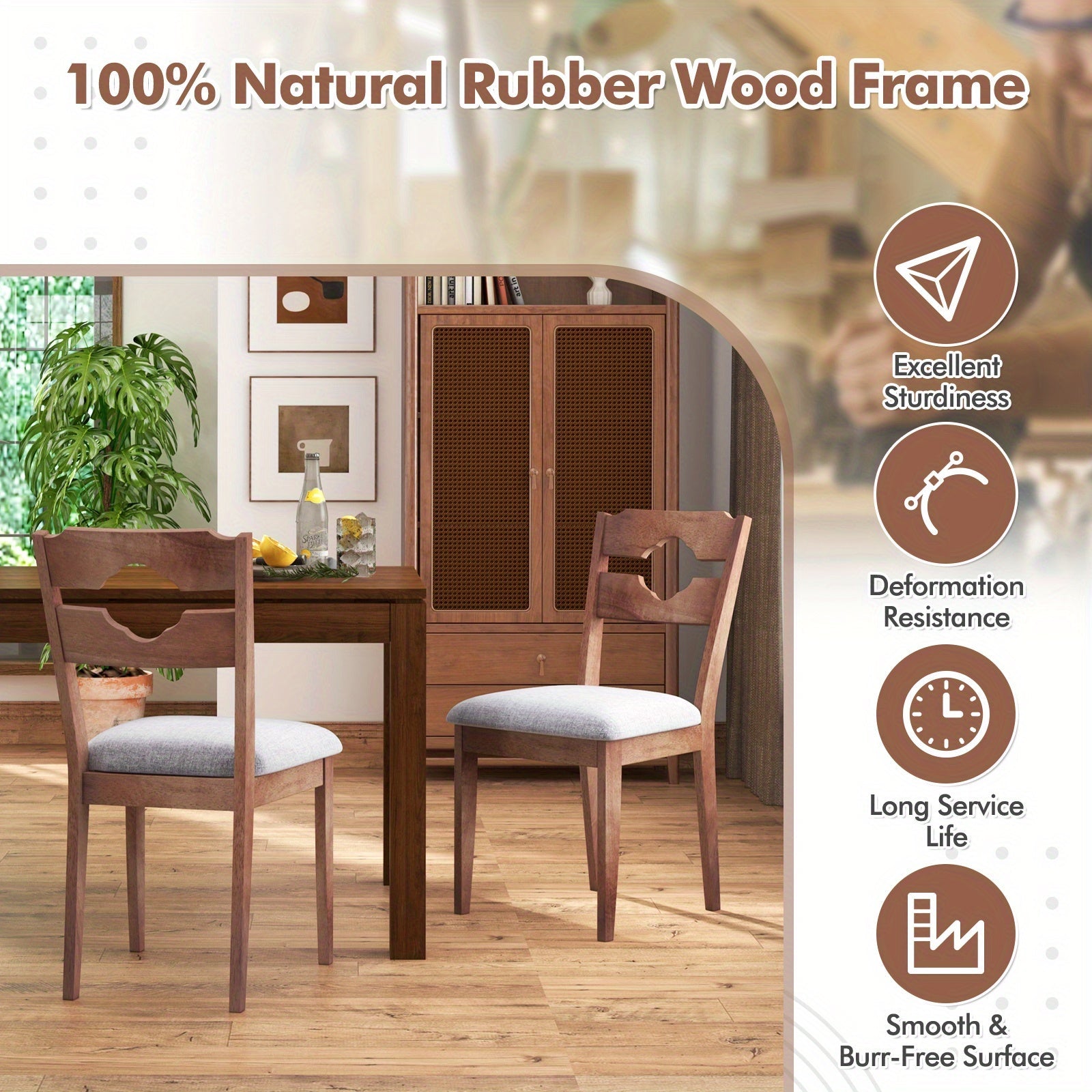 Dining Chair Set of 2 w/ Padded Seat High Back Rubber Wood Frame Kitchen Chairs