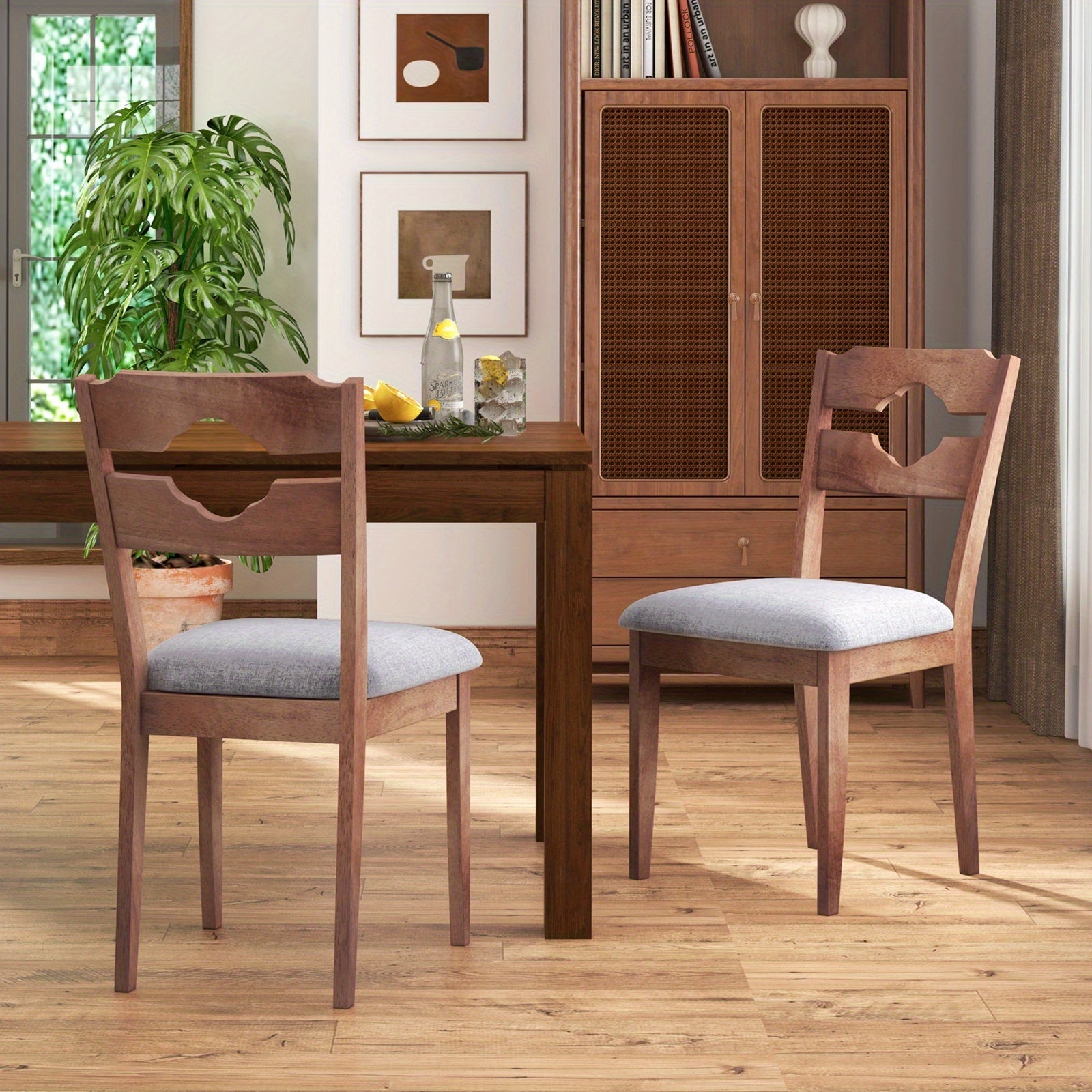 Dining Chair Set of 2 w/ Padded Seat High Back Rubber Wood Frame Kitchen Chairs