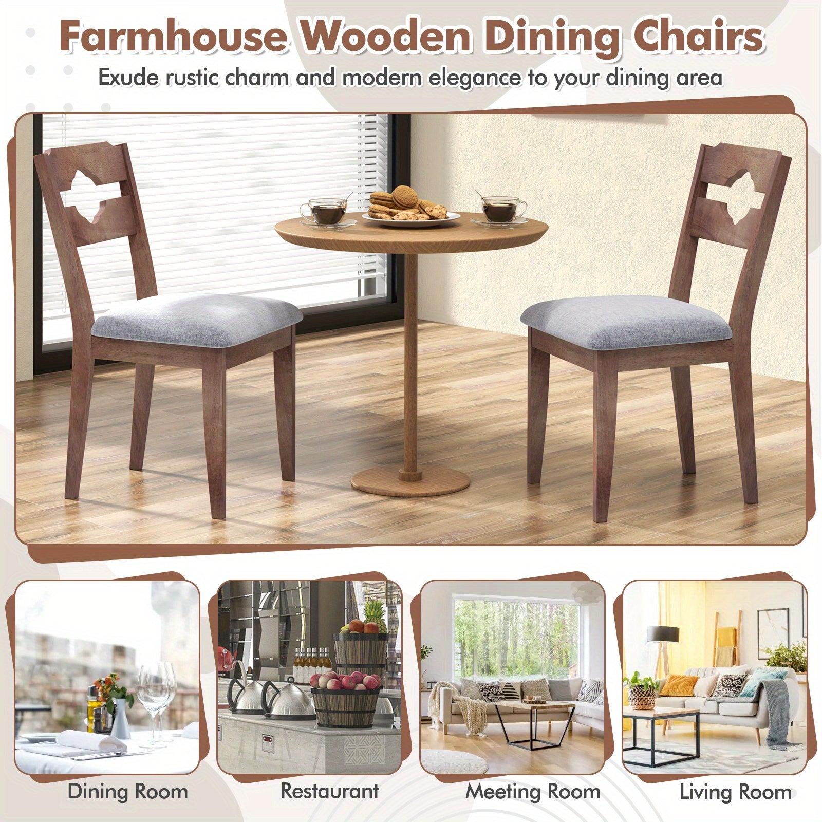 Dining Chair Set of 2 w/ Padded Seat High Back Rubber Wood Frame Kitchen Chairs