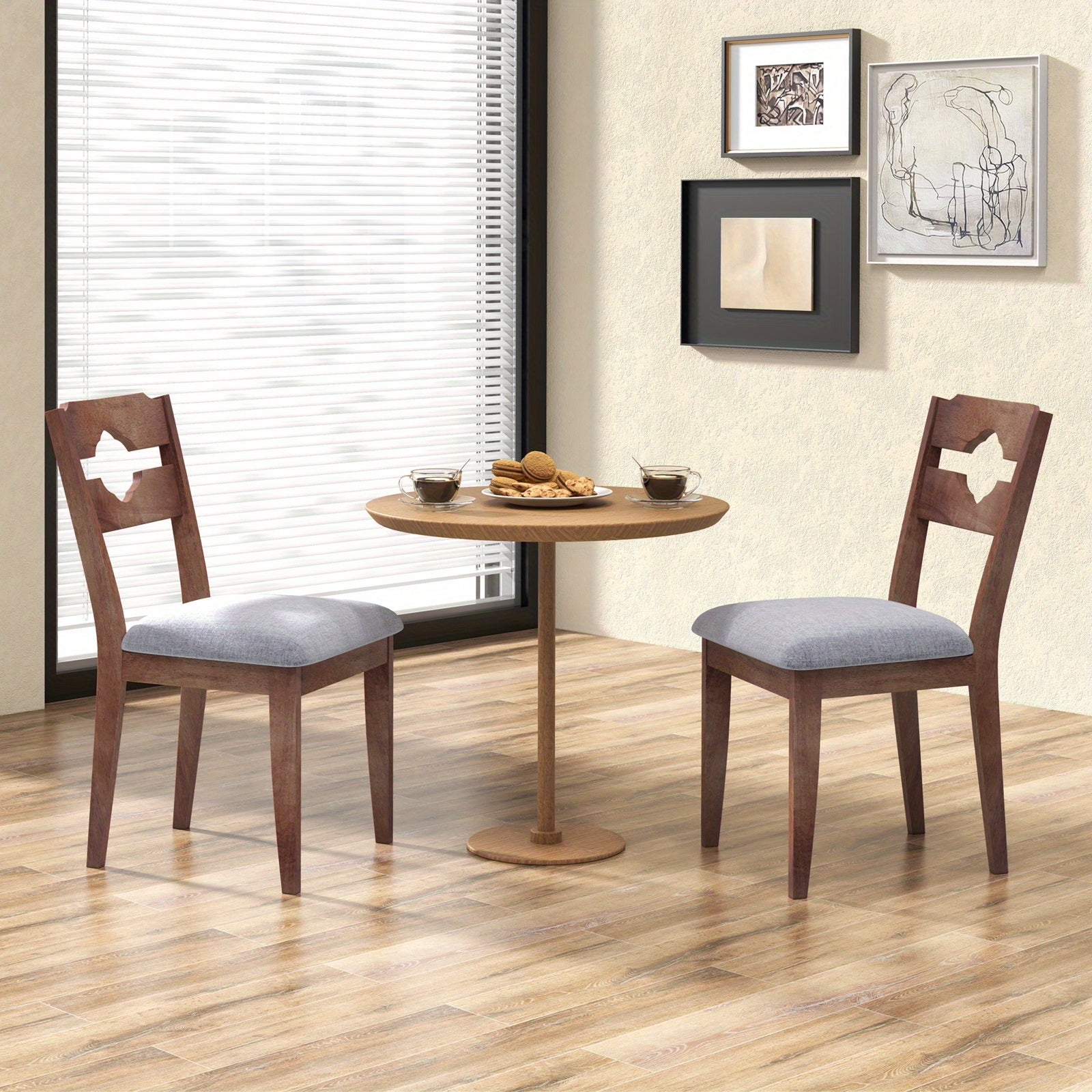 Dining Chair Set of 2 w/ Padded Seat High Back Rubber Wood Frame Kitchen Chairs