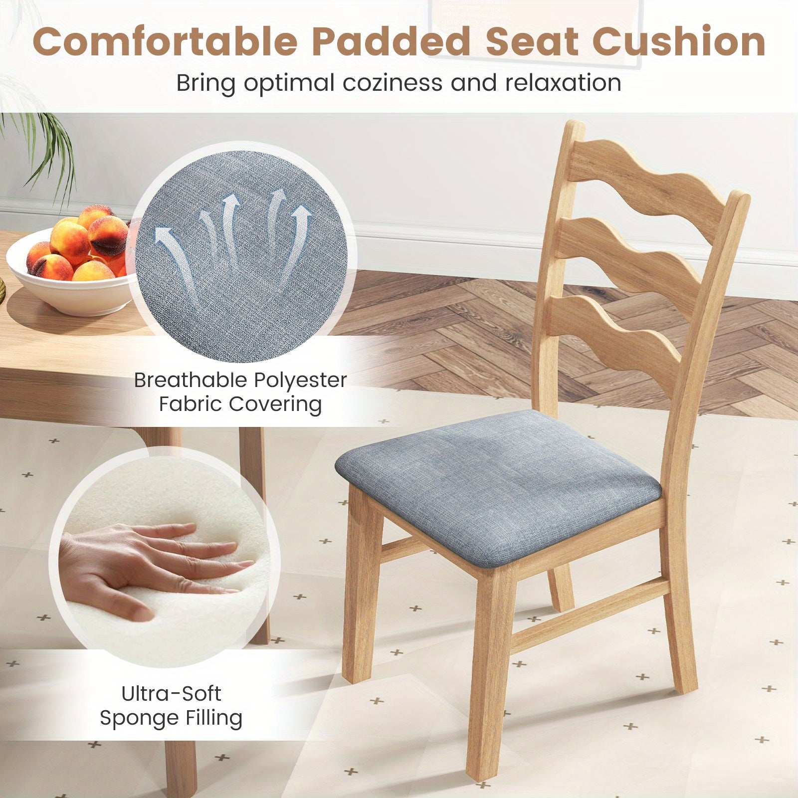 Dining Chair Set of 2 w/ Padded Seat Hollowed Wave Backrest Rubber Wood Frame