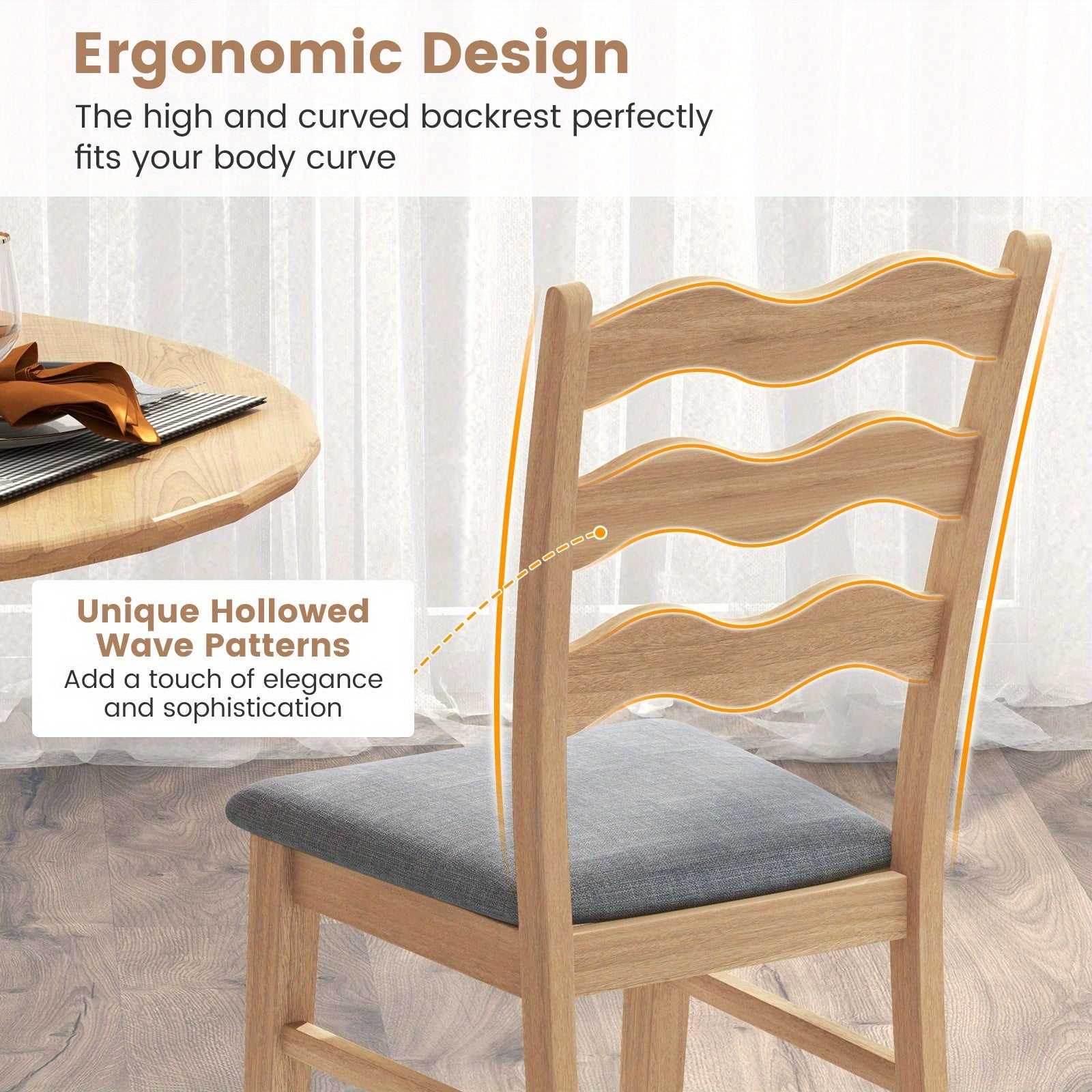 Dining Chair Set of 2 w/ Padded Seat Hollowed Wave Backrest Rubber Wood Frame