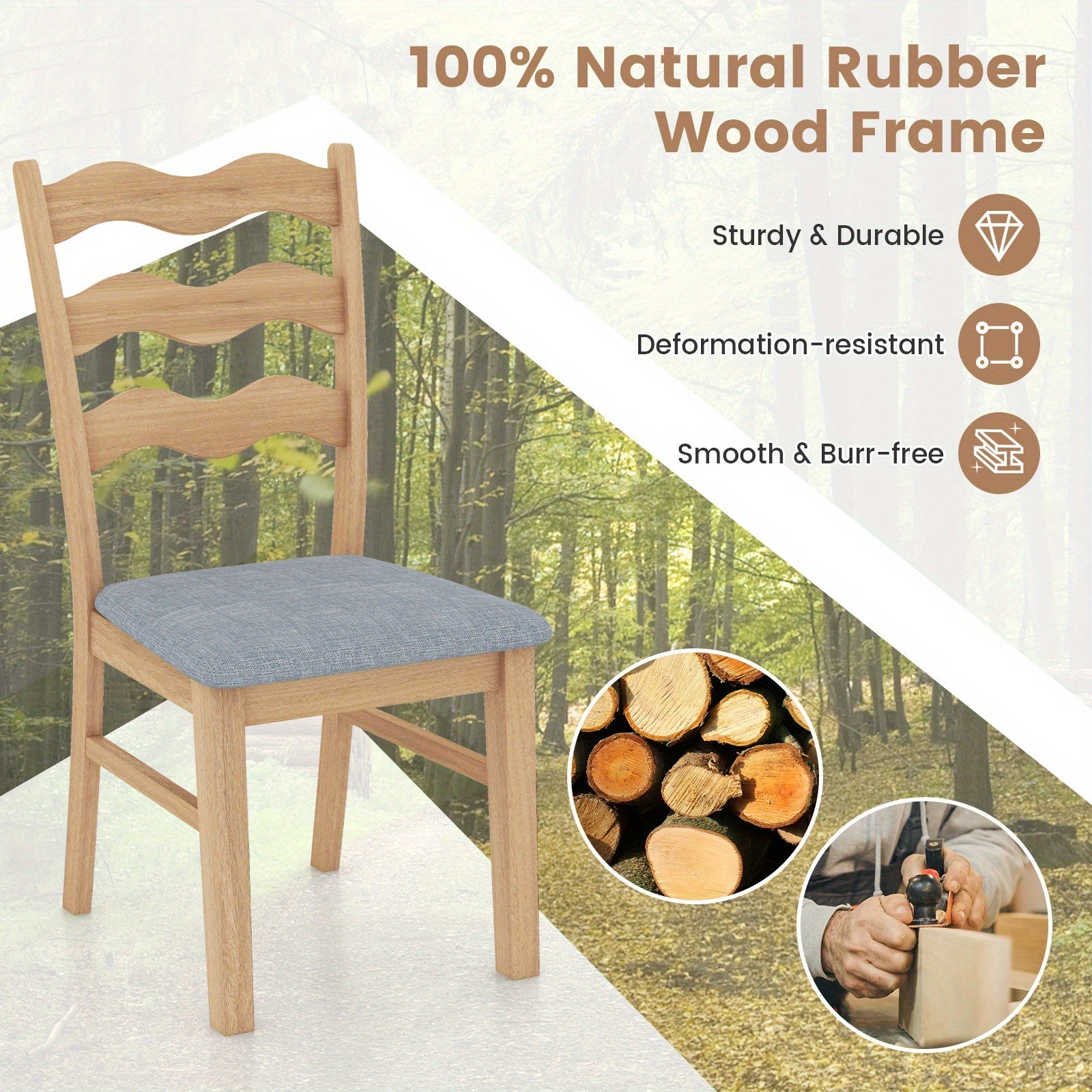 Dining Chair Set of 2 w/ Padded Seat Hollowed Wave Backrest Rubber Wood Frame