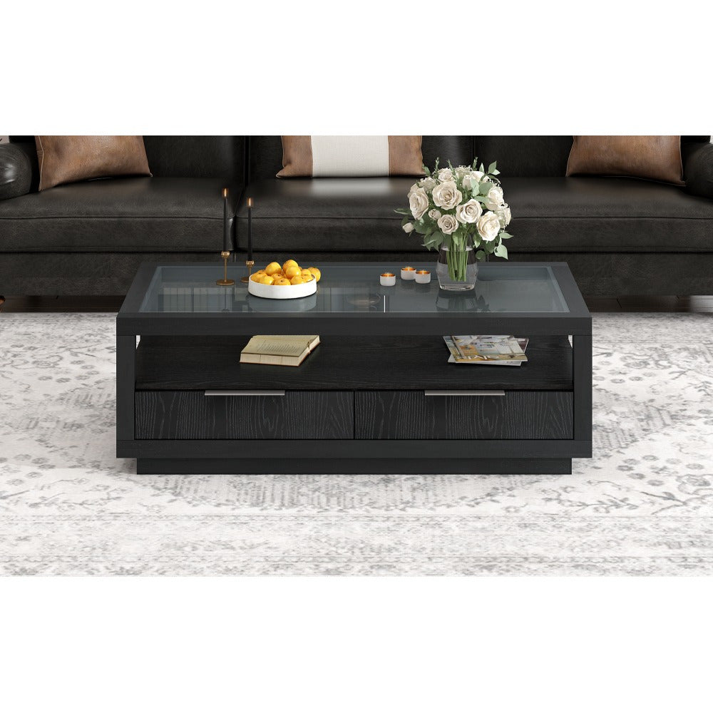 Modern Wood Coffee Table with 2 Drawers Minimalist Display Coffee Table with Transparent Tempered Glass Open Storage