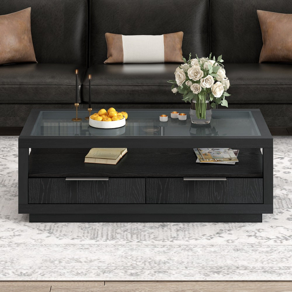 Modern Wood Coffee Table with 2 Drawers Minimalist Display Coffee Table with Transparent Tempered Glass Open Storage