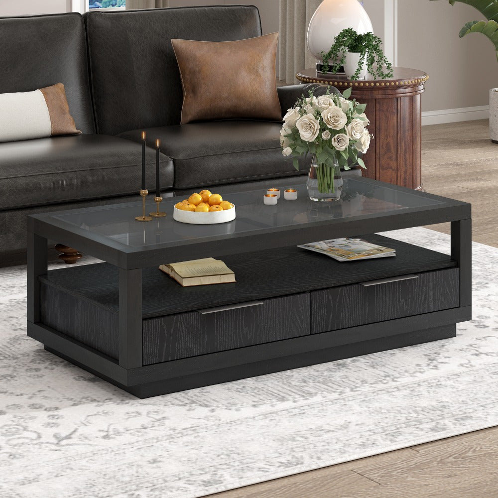 U-Can Modern Wood Coffee Table with 2 Drawers, Minimalist Display Coffee Table with Transparent Tempered Glass, Open Storage Shelf for Living Room