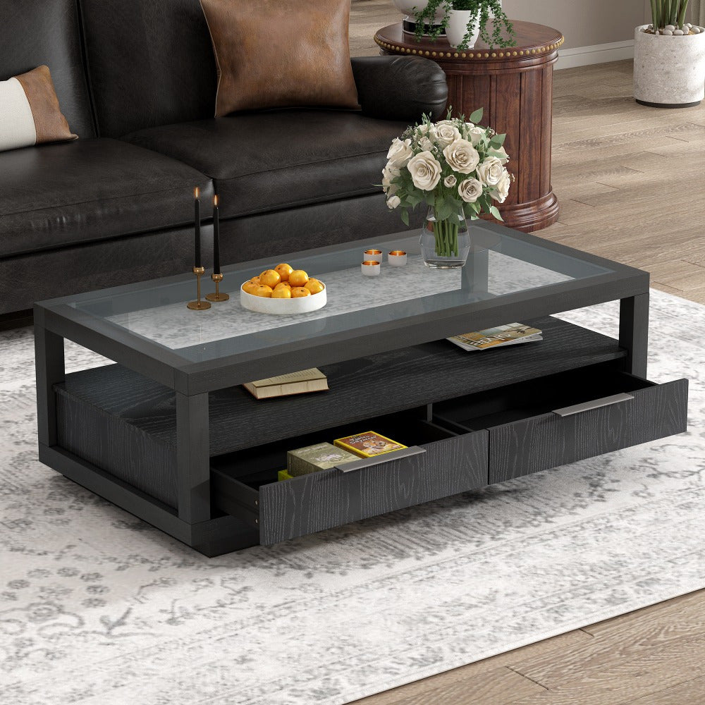 Modern Wood Coffee Table with 2 Drawers Minimalist Display Coffee Table with Transparent Tempered Glass Open Storage