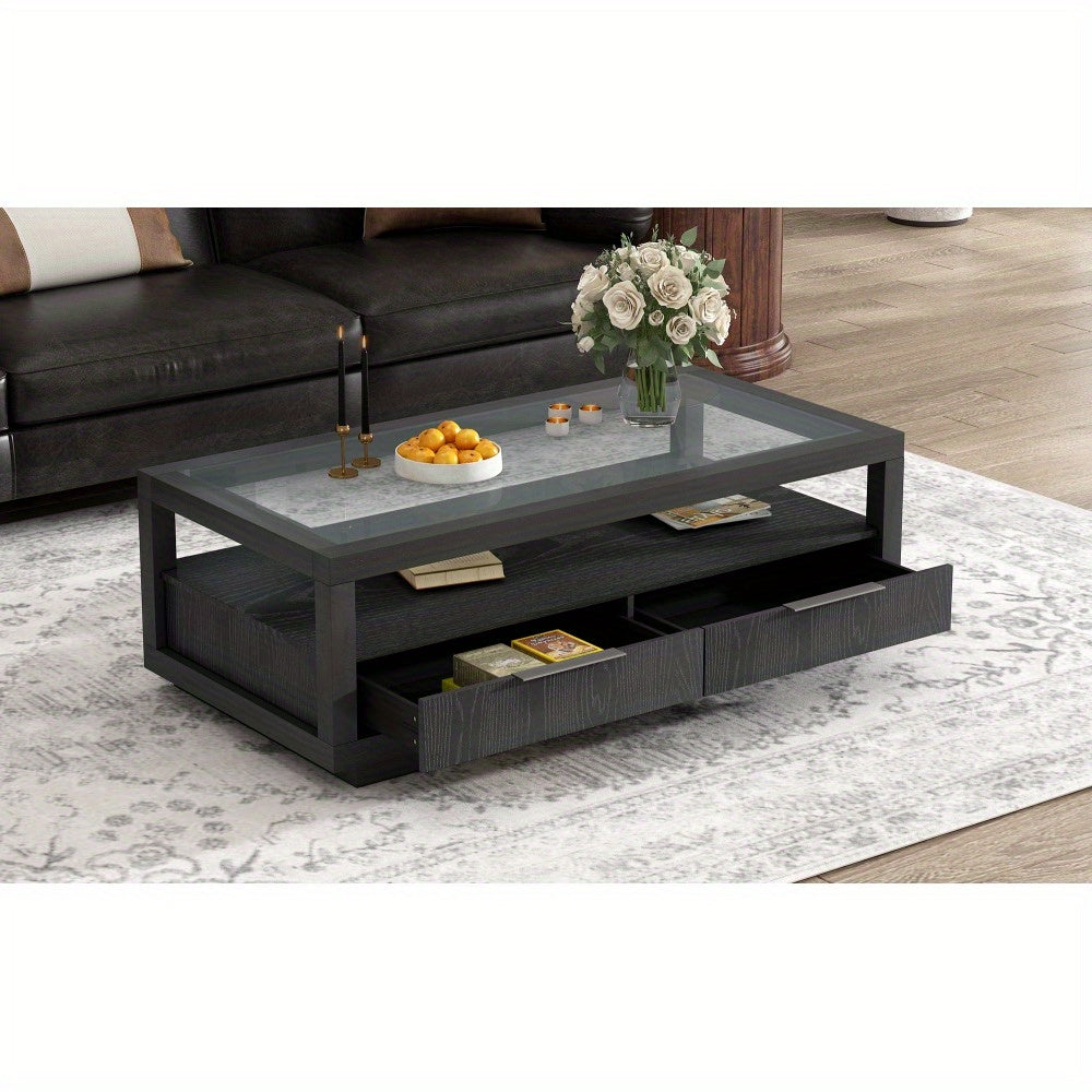 U-Can Modern Wood Coffee Table with 2 Drawers, Minimalist Display Coffee Table with Transparent Tempered Glass, Open Storage Shelf for Living Room