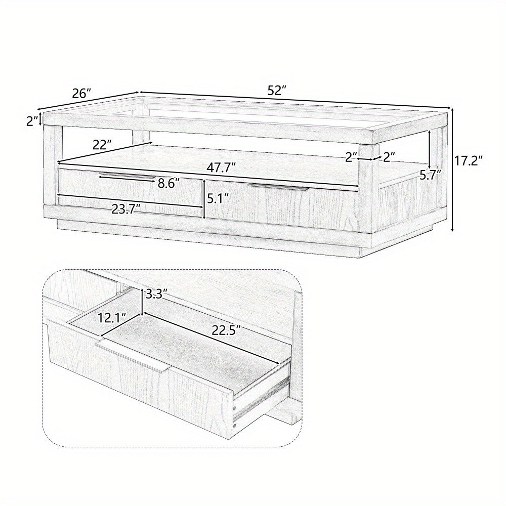 Modern Wood Coffee Table with 2 Drawers Minimalist Display Coffee Table with Transparent Tempered Glass Open Storage