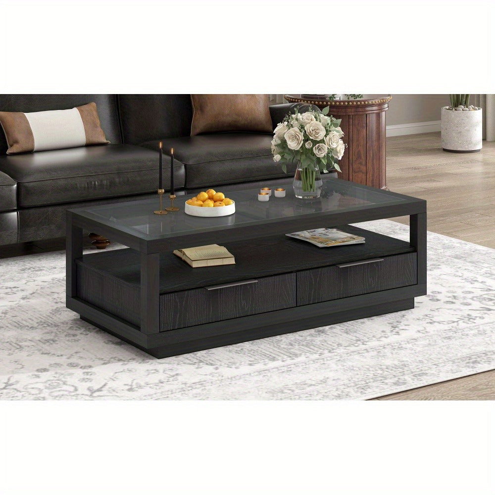 Modern Wood Coffee Table with 2 Drawers Minimalist Display Coffee Table with Transparent Tempered Glass Open Storage