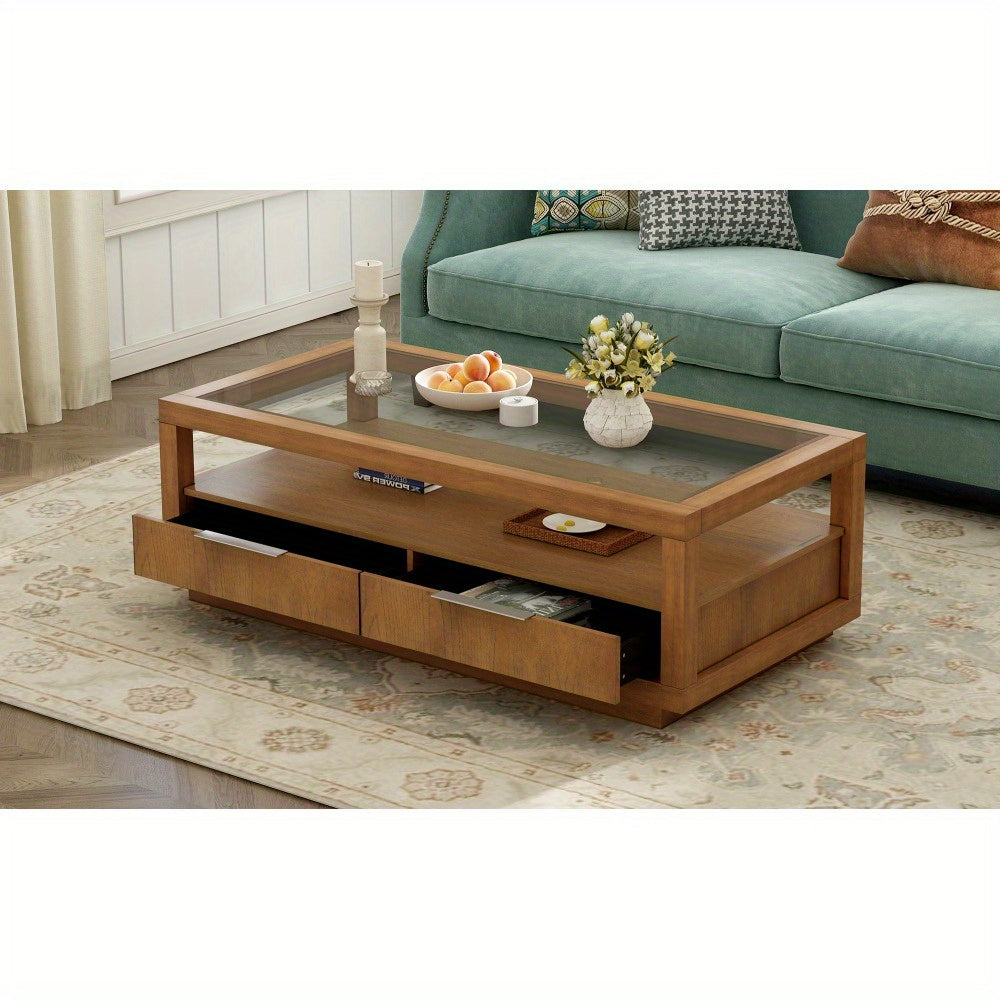 Modern Wood Coffee Table with 2 Drawers, Minimalist Display Coffee Table with Transparent Tempered Glass, Open Storage Shelf for Living Room