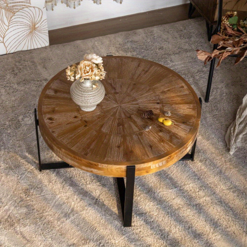 89cm Vintage Brushed Crafted Patchwork Round Coffee Table, Fir Top with Black Cross Leg Base