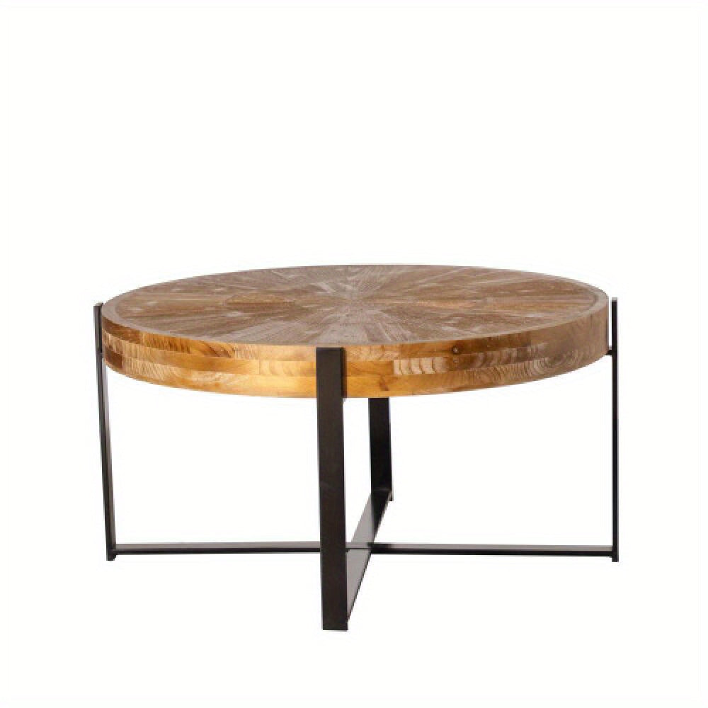 89cm Vintage Brushed Crafted Patchwork Round Coffee Table, Fir Top with Black Cross Leg Base