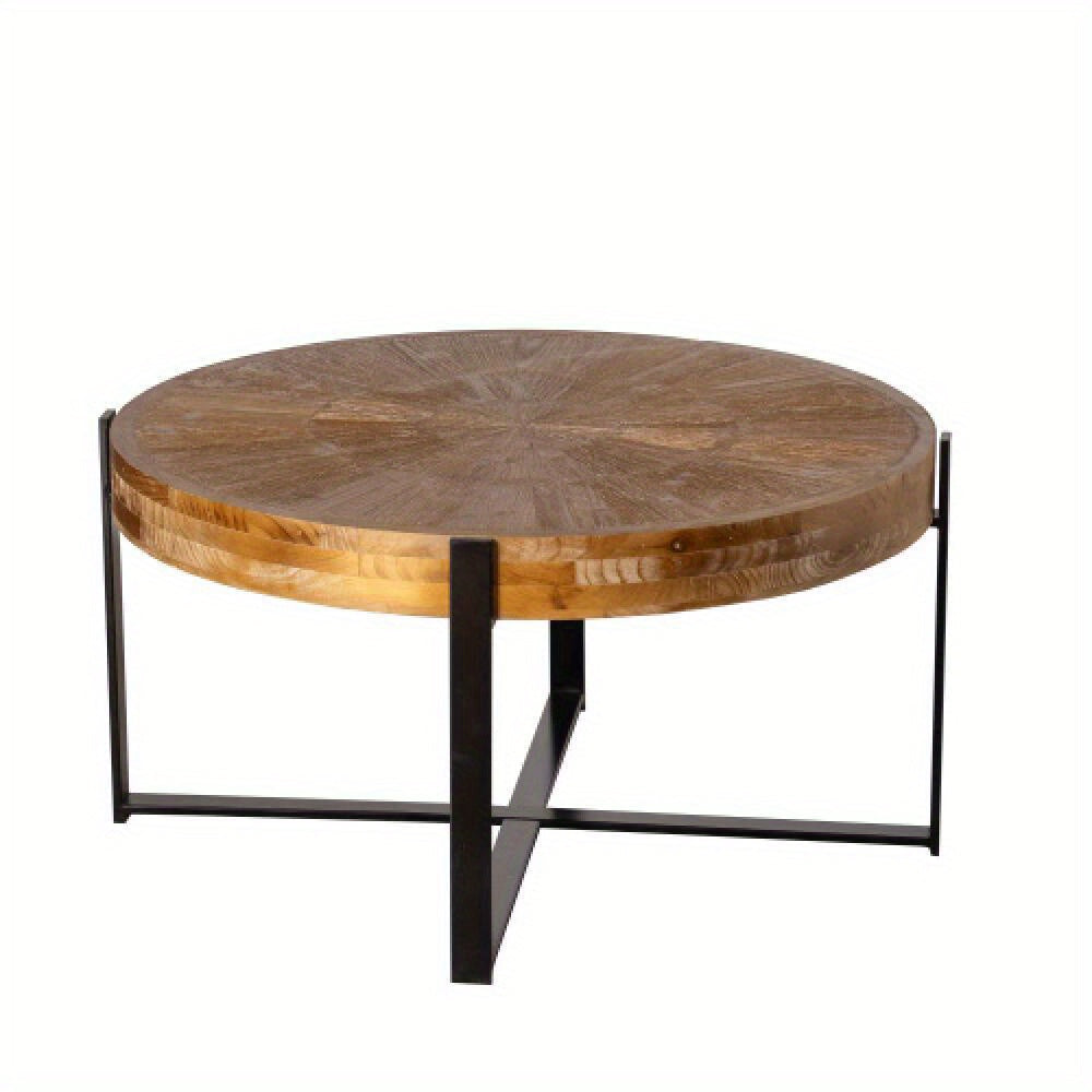 89cm Vintage Brushed Crafted Patchwork Round Coffee Table, Fir Top with Black Cross Leg Base