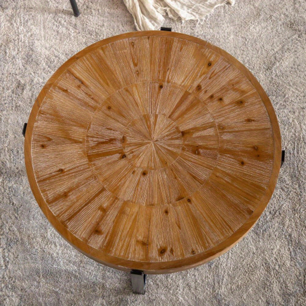 89cm Vintage Brushed Crafted Patchwork Round Coffee Table, Fir Top with Black Cross Leg Base