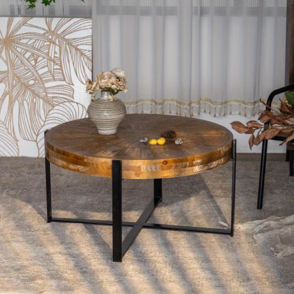 89cm Vintage Brushed Crafted Patchwork Round Coffee Table, Fir Top with Black Cross Leg Base