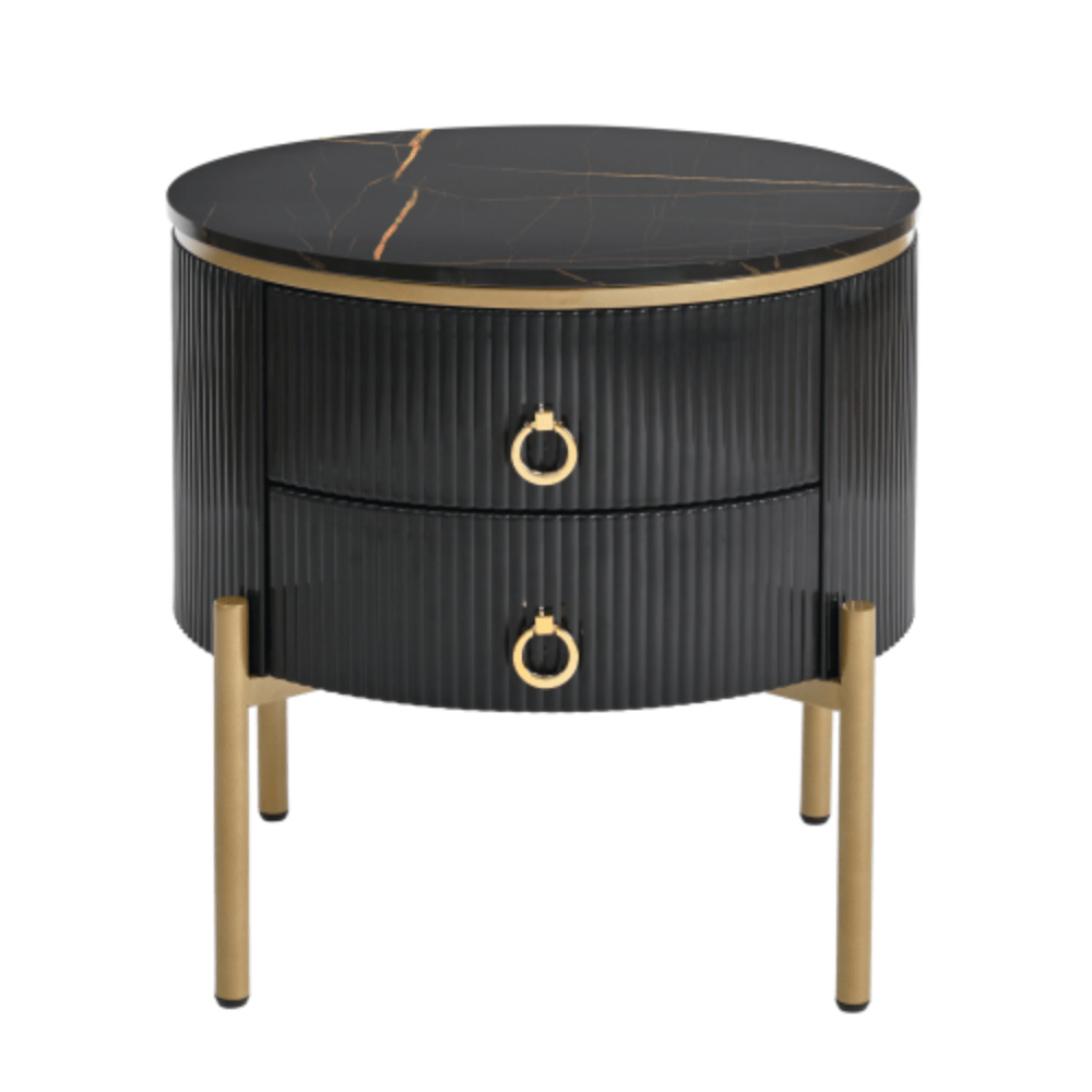 19.6'' Round End Table with Storage Drawers, Fluted Nightstand with High Gloss Faux Marble Tabletop, Modern Coffee Table with Metal Legs and Handles for Living Room