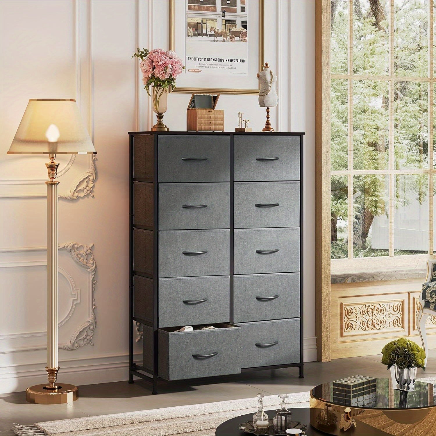 Dresser for Bedroom with 10 Fabric Drawers Tall Chest Organizer Units for Clothing Closet Storage Tower with Cabinet