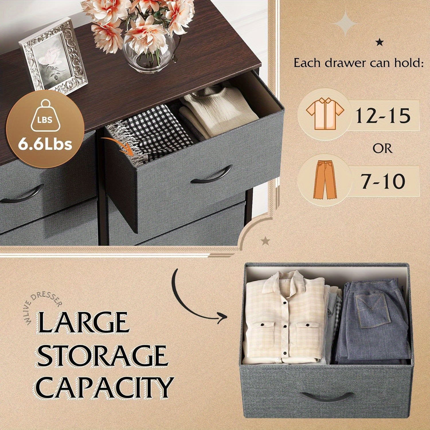 Dresser for Bedroom with 10 Fabric Drawers Tall Chest Organizer Units for Clothing Closet Storage Tower with Cabinet