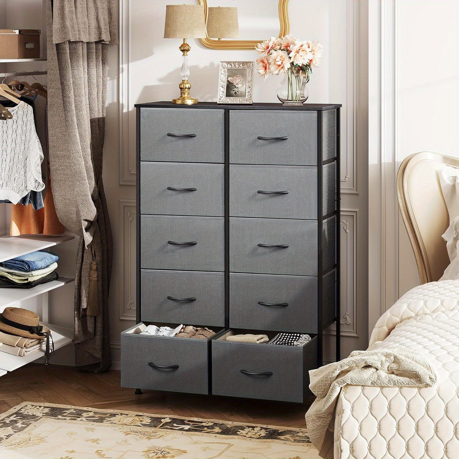 Dresser for Bedroom with 10 Fabric Drawers Tall Chest Organizer Units for Clothing Closet Storage Tower with Cabinet