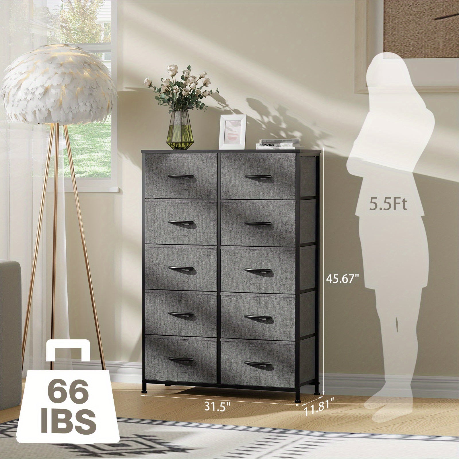 Dresser for Bedroom with 10 Fabric Drawers Tall Chest Organizer Units for Clothing Closet Storage Tower with Cabinet