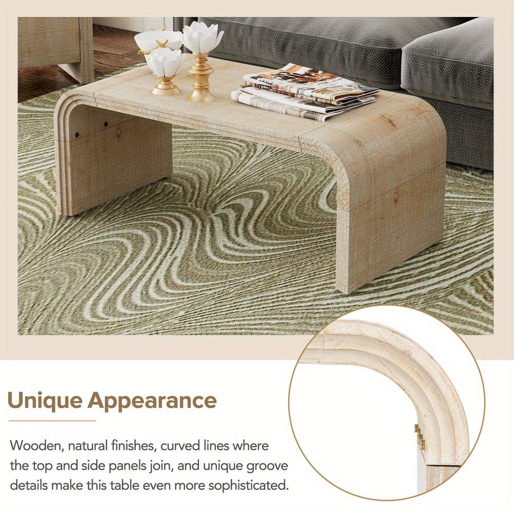 TREXM Minimalist Coffee Table with Curved Art Deco Design for Living Room or Dining Room (Natural Wood Wash)