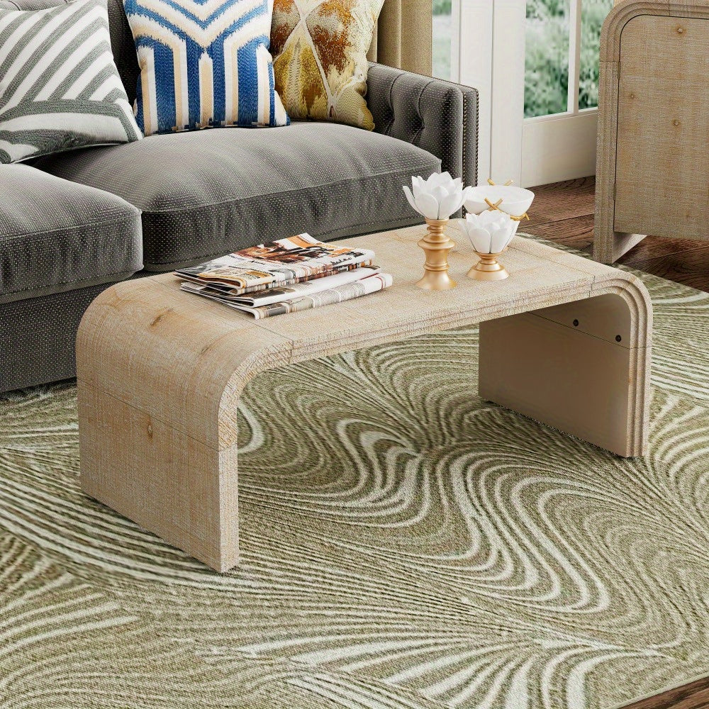 TREXM Minimalist Coffee Table with Curved Art Deco Design for Living Room or Dining Room (Natural Wood Wash)