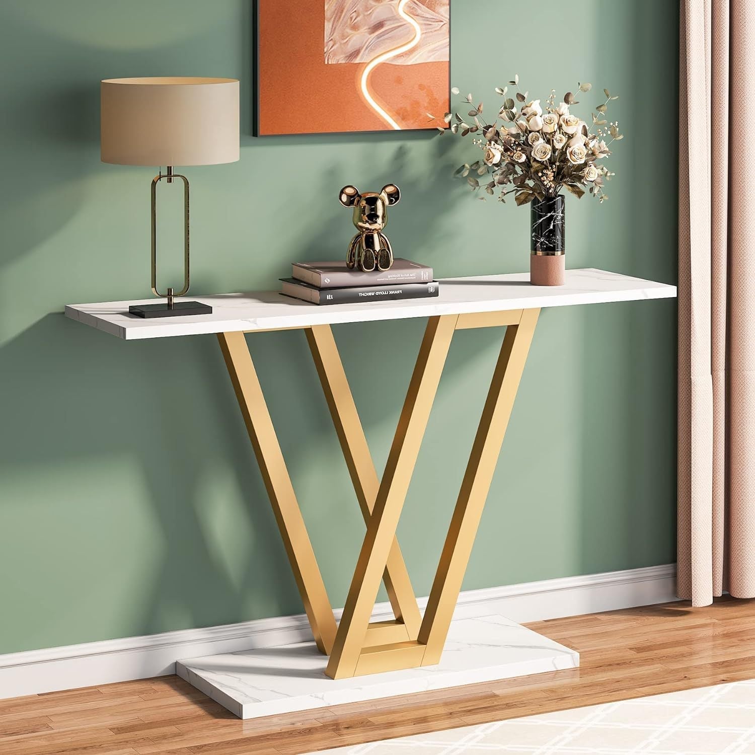 Golden Console Table, 43 Inch Entryway Tables Narrow Sofa Table for Living Room, Modern Hallway Table for Entryway, Stable Metal Frame & Easy Assemble, Faux Marble White