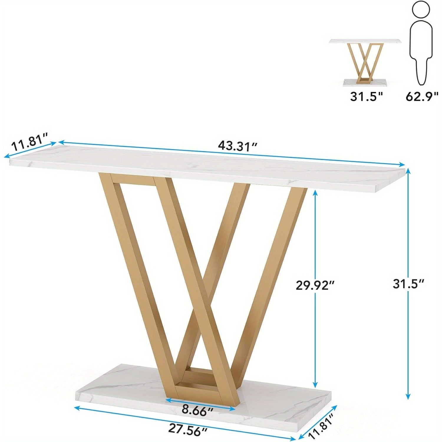 Golden Console Table, 43 Inch Entryway Tables Narrow Sofa Table for Living Room, Modern Hallway Table for Entryway, Stable Metal Frame & Easy Assemble, Faux Marble White