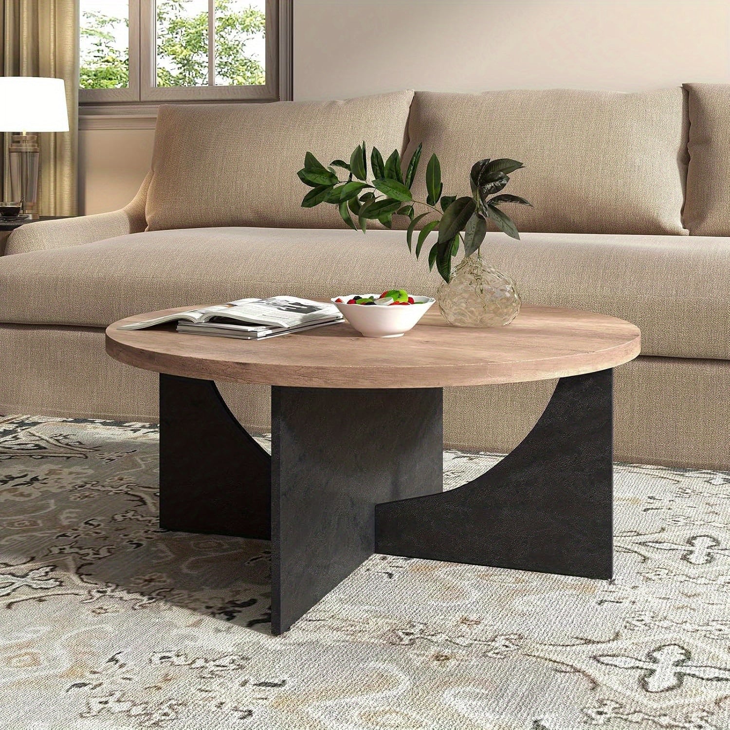 Round Coffee Table, 35" Center Table for Living Room, Modern Circle Retro Accent Table with Drawer, Sofa Side Table with Black Semi-Circular Cross Base for Home, Bedroom, Office