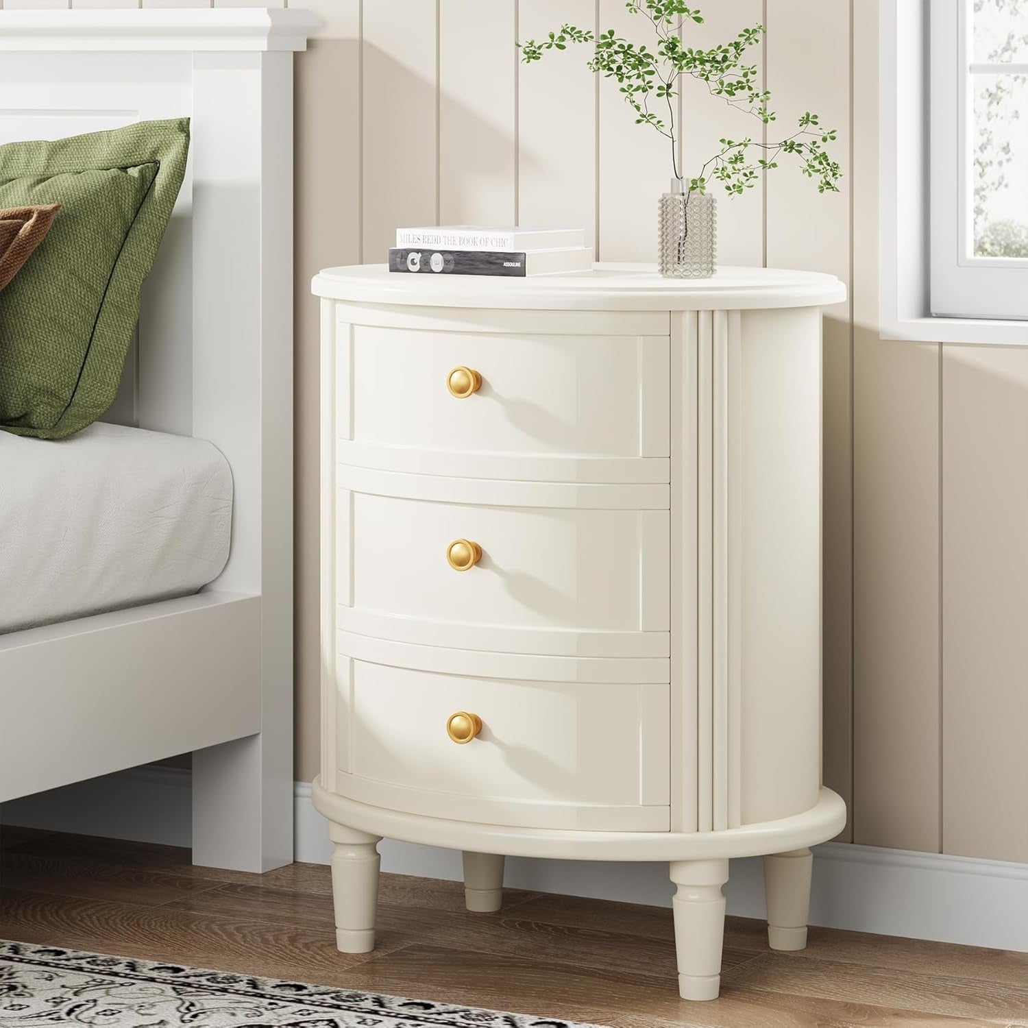 Nightstand with 3 Drawers, Wooden Side End Table with Solid Wood Legs for Living Room, Oval Bed Side Table for Bedroom, Fully Assembled, Farmhouse Night Stand with Storage, Beige White