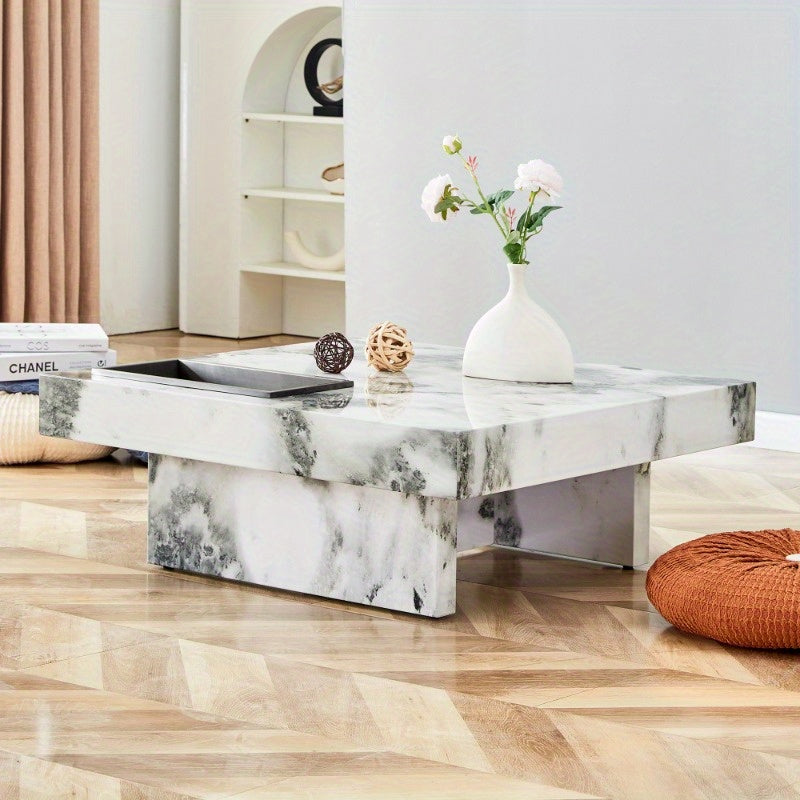 Modern Practical Coffee Table in Black and White Imitation Marble Pattern. Ideal for Living Room, Bedroom and Office. Sturdy Construction, Stylish Design. 31.4"* 31.4"* 12". Adds Elegance and Natural Fashion to Your Space.