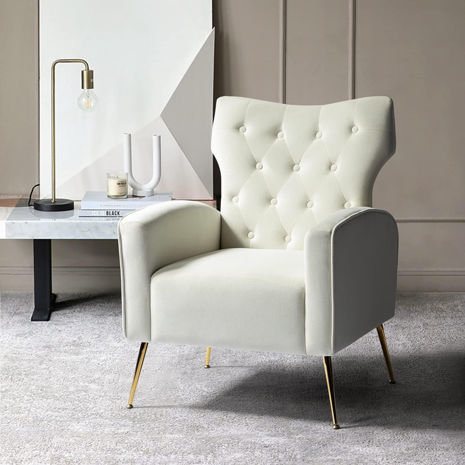 Modern Wingback Velvet Accent Chair, Button Tufted Comfy Armchair with Golden Legs, Upholstered Sofa Chair for Living Room Bedroom, Ivory