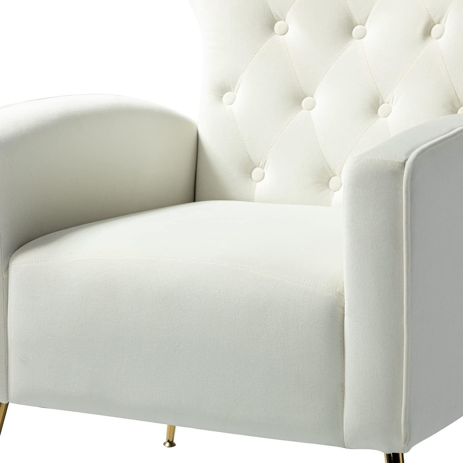 Modern Wingback Velvet Accent Chair, Button Tufted Comfy Armchair with Golden Legs, Upholstered Sofa Chair for Living Room Bedroom, Ivory