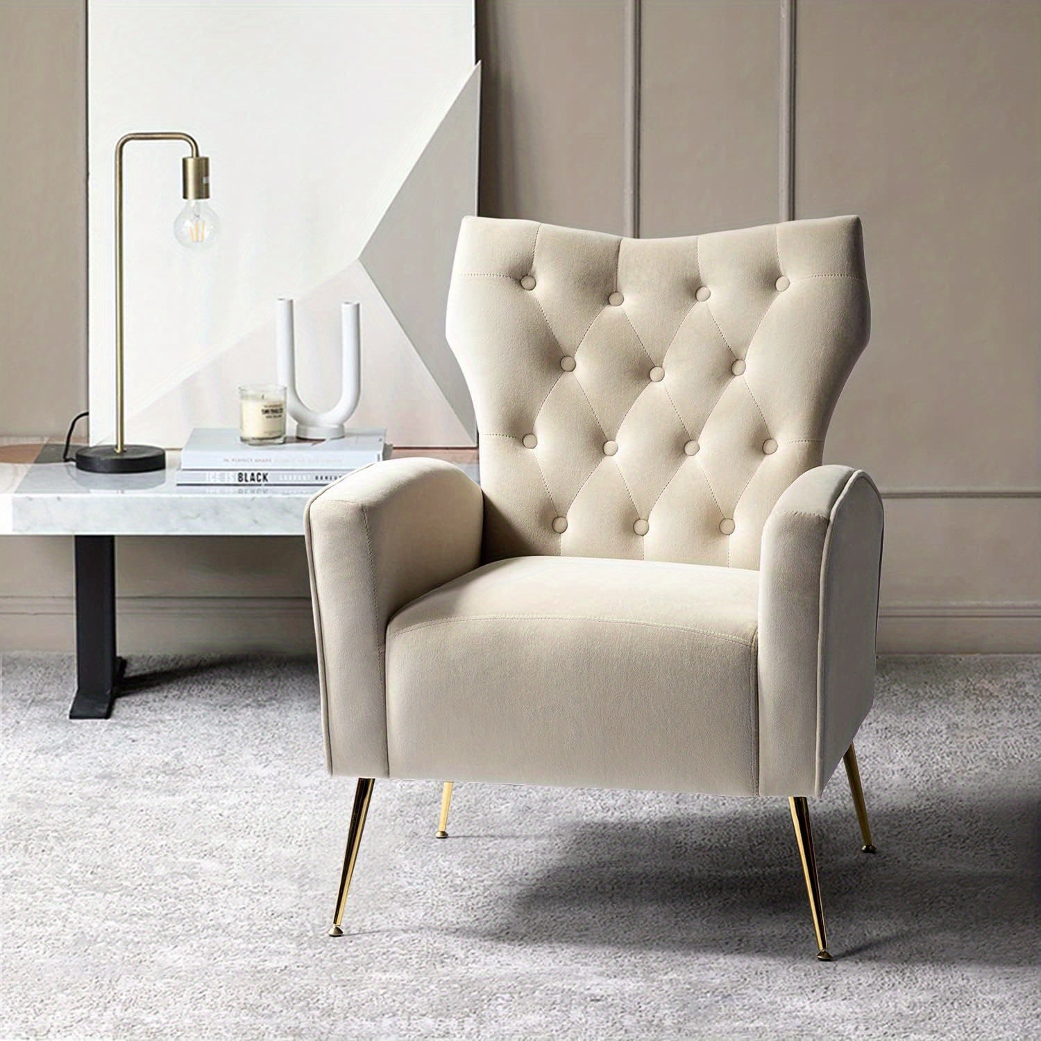 Modern Wingback Velvet Accent Chair, Button Tufted Comfy Armchair with Golden Legs, Upholstered Sofa Chair for Living Room Bedroom, Ivory