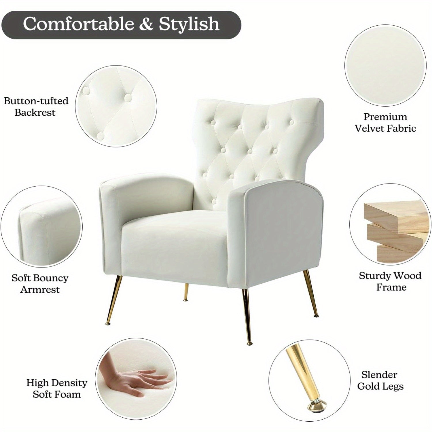 Modern Wingback Velvet Accent Chair, Button Tufted Comfy Armchair with Golden Legs, Upholstered Sofa Chair for Living Room Bedroom, Ivory