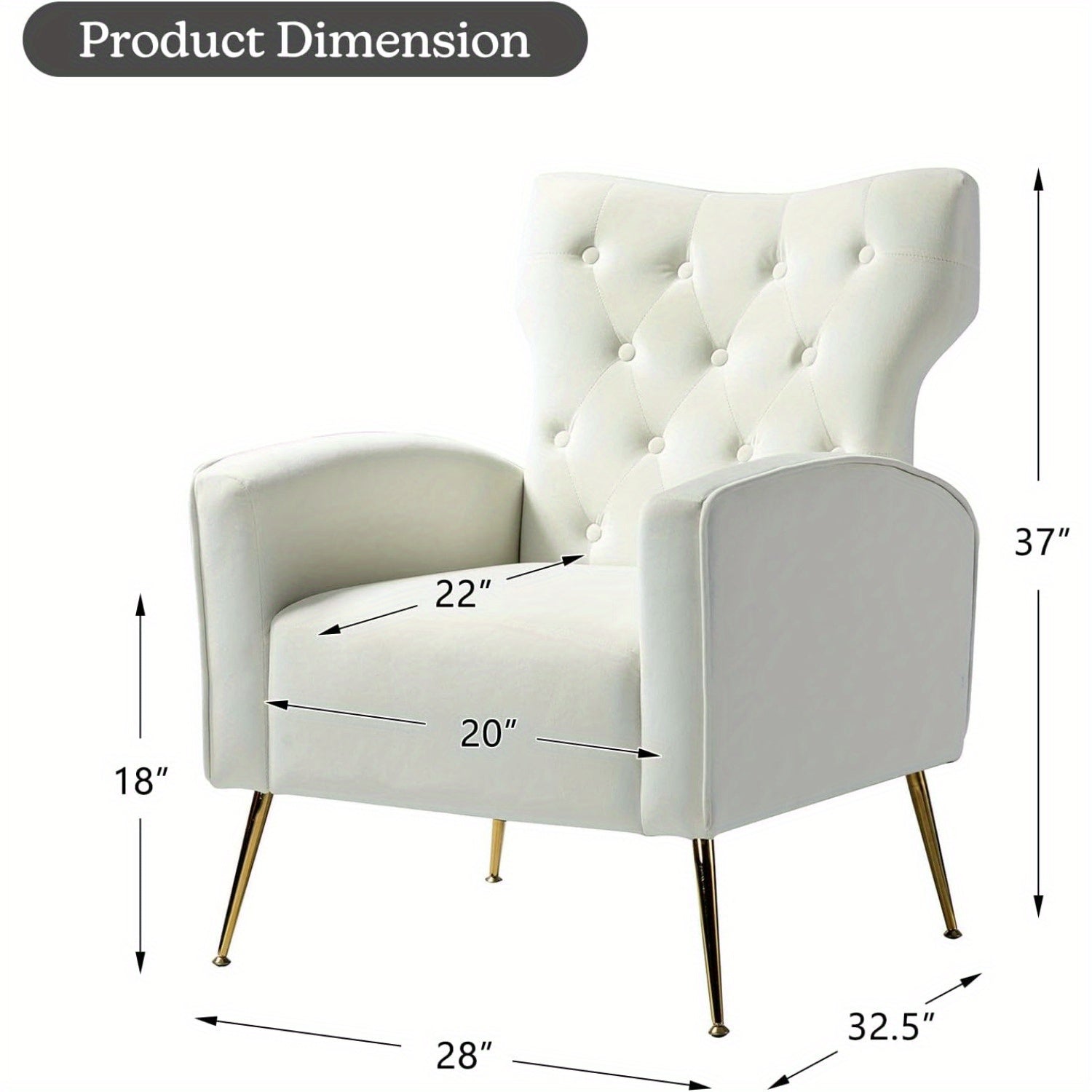 Modern Wingback Velvet Accent Chair, Button Tufted Comfy Armchair with Golden Legs, Upholstered Sofa Chair for Living Room Bedroom, Ivory