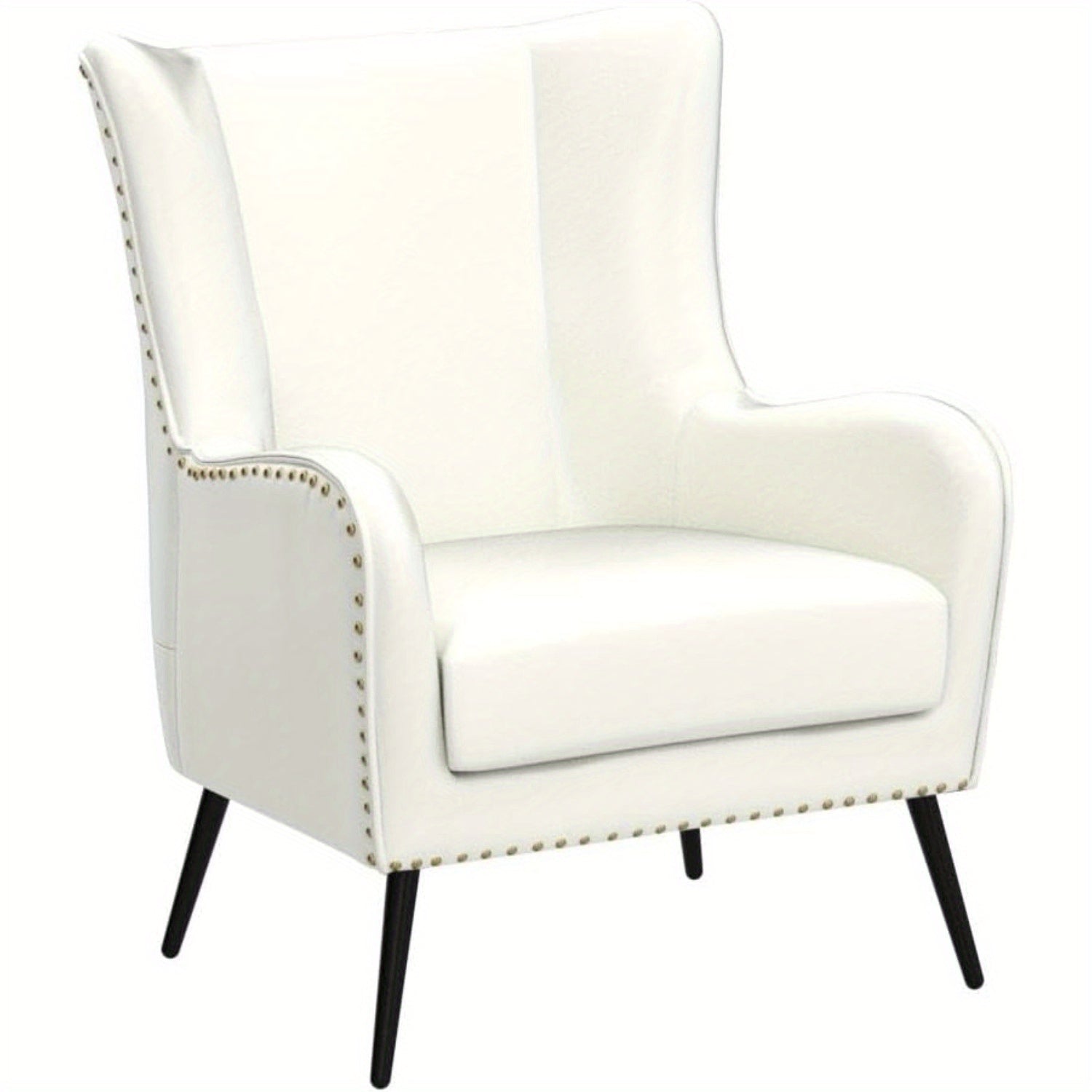 Faux Leather Accent Chair w/ Removable Cushion, Comfy Upholstered Armchair with Black Metal Legs & Nailhead Trim Wingback Vanity Chair Desk Chair for Reading Living Room Bedroom, IVORY